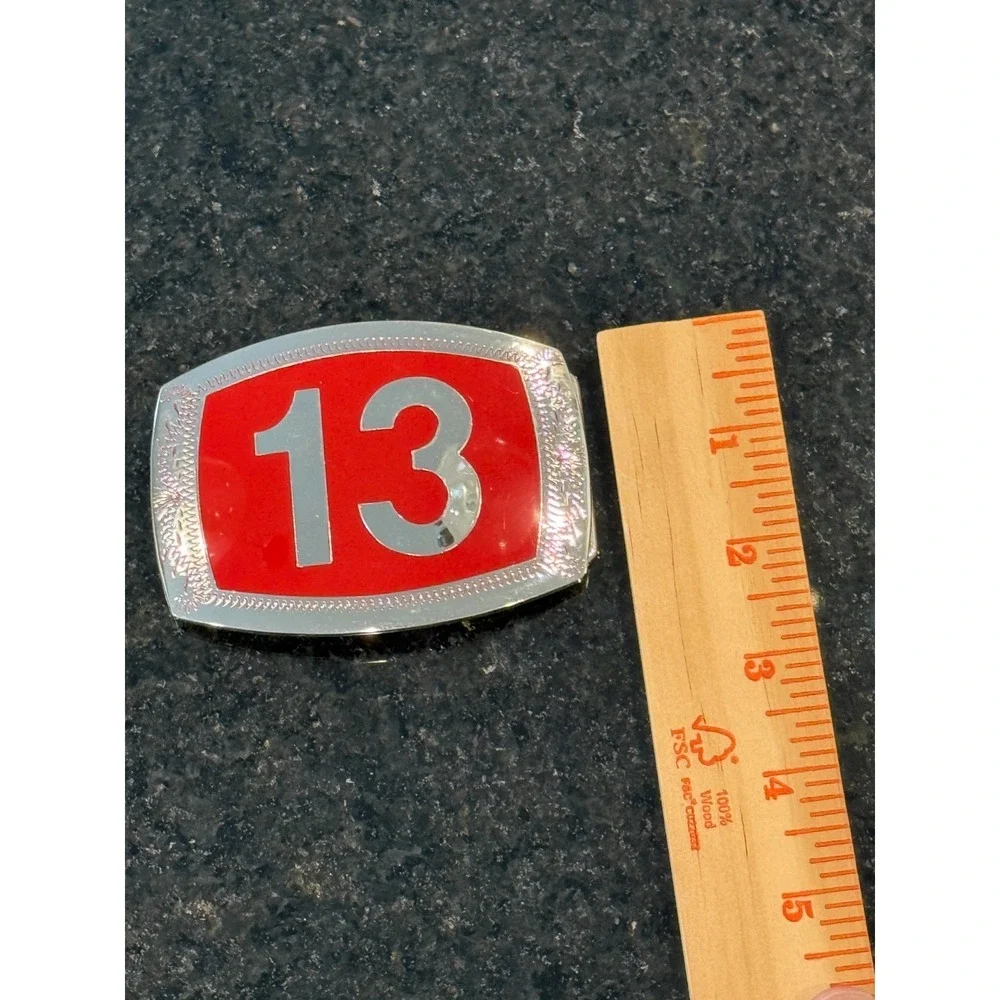 VTG Belt Buckle Red Enamel Background # 13 Polished Etched‎ Metal Streetwear